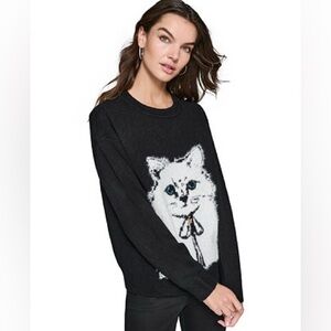 Karl Lagerfeld Choupette White Cat Black Sweater Design Rhinestone XL